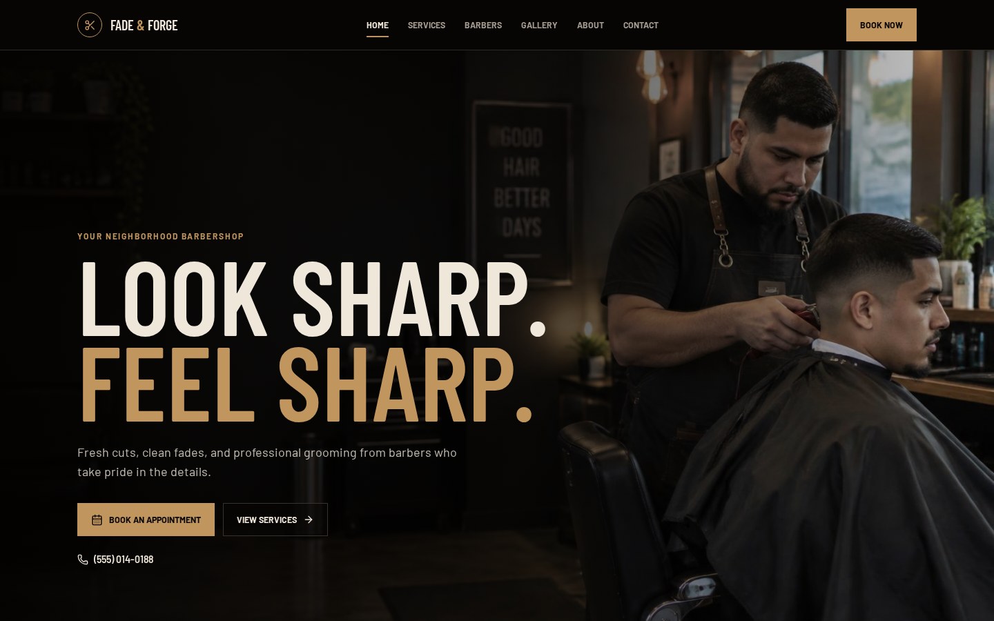Homepage preview of the Fade & Forge Barbers demo website